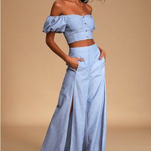 Lulu's Blue Chambray Wide-Leg Two-Piece Jumpsuit